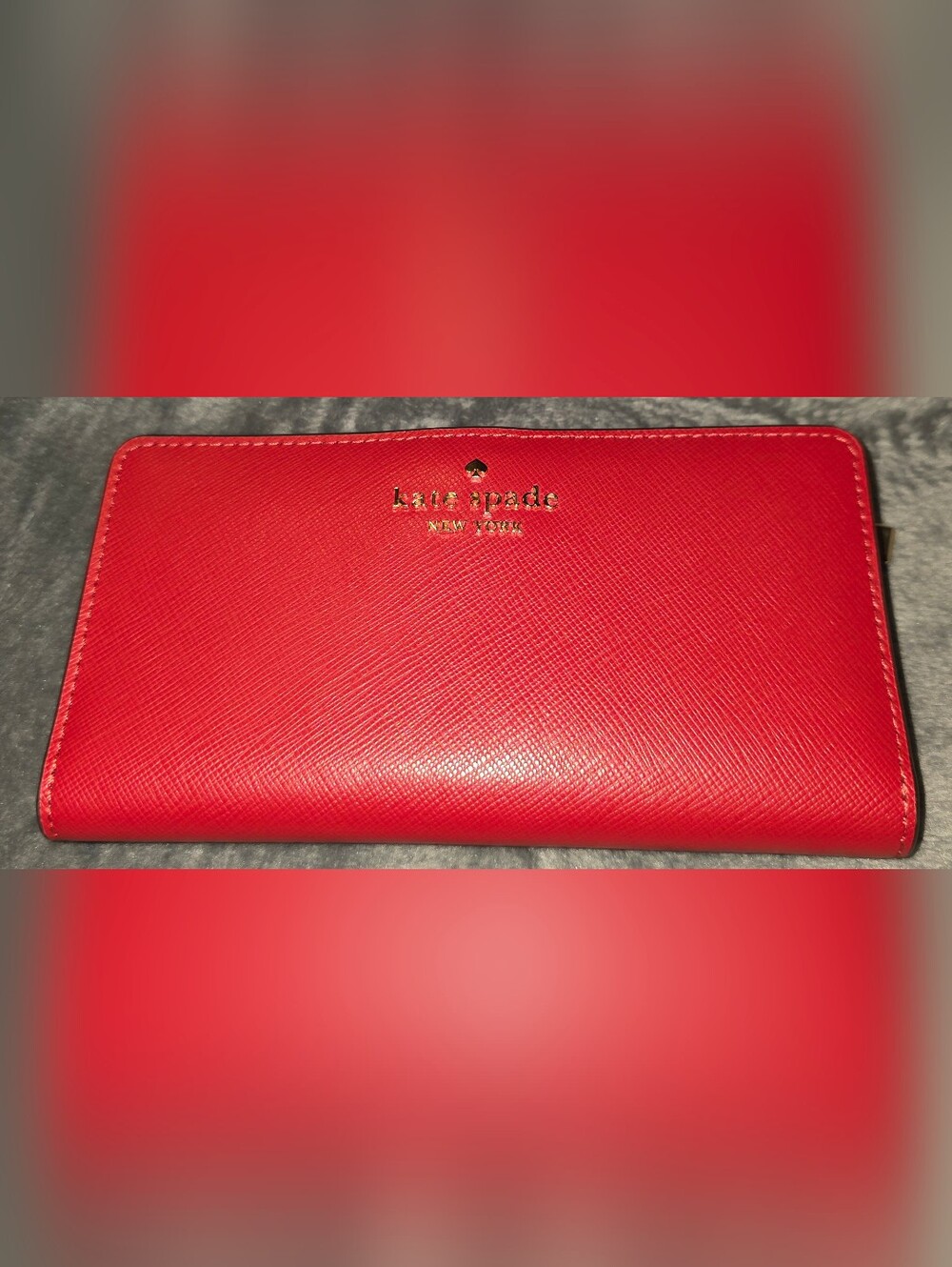 kate spade Red Saffiano Leather Zip Wallet with Gold Logo